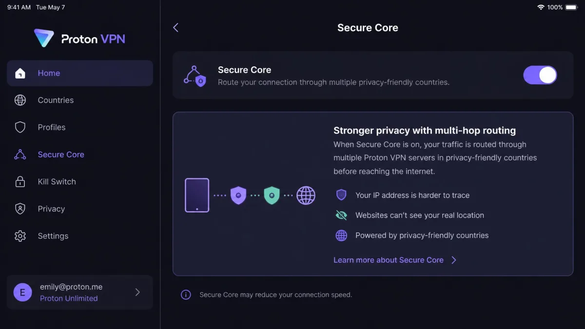 Proton VPN iPad app showing the Secure Core toggle and a short in-app explanation card describing multi-hop routing through privacy-friendly countries.