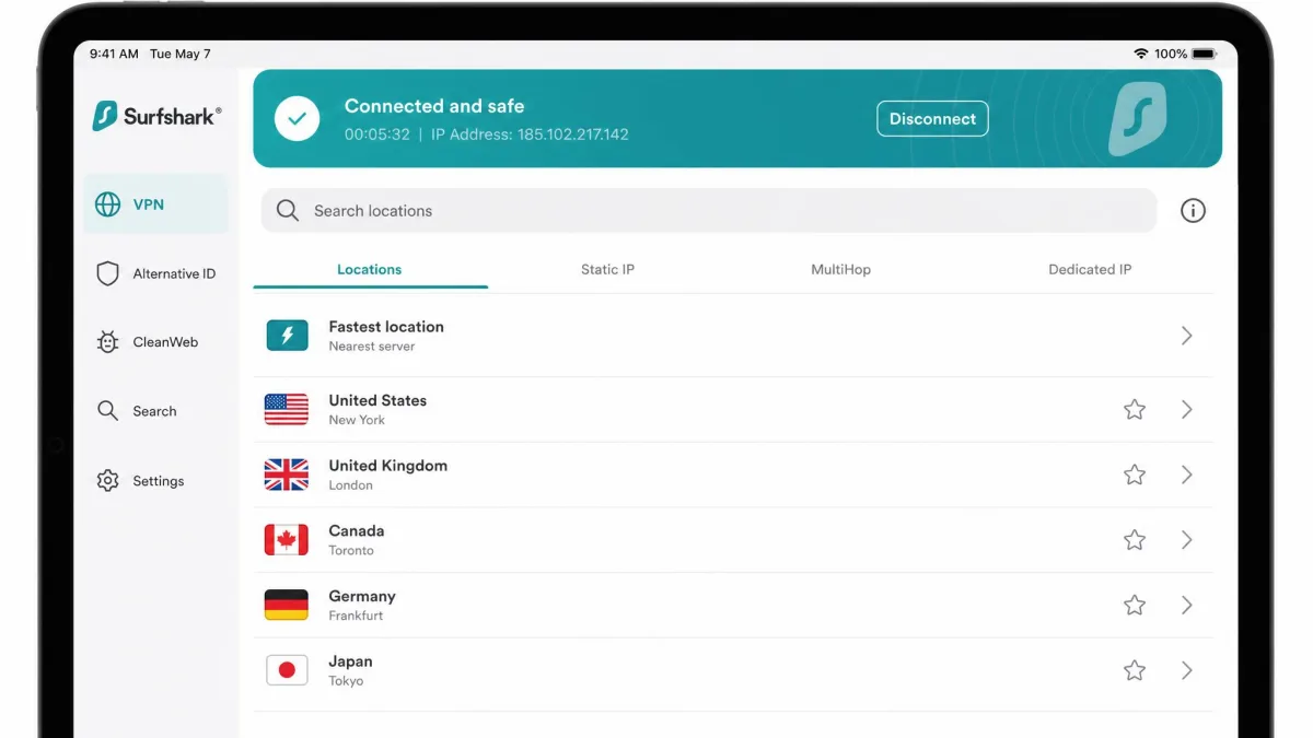 Surfshark iPad app displaying its server location list with search bar and a connected status banner at the top of the screen.