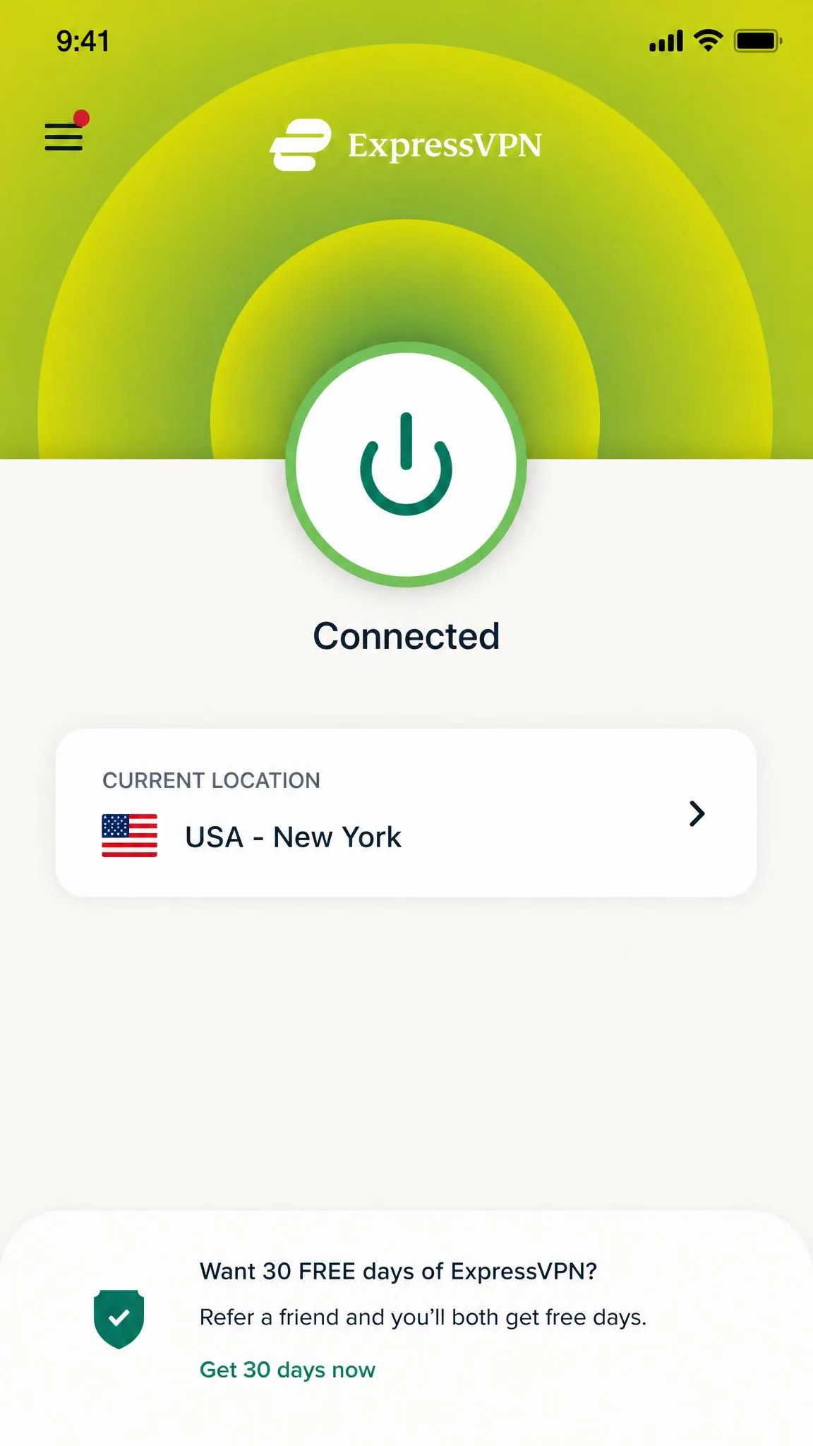 ExpressVPN's iOS home screen showing the large circular connect button in the connected state with the selected server location listed beneath it.