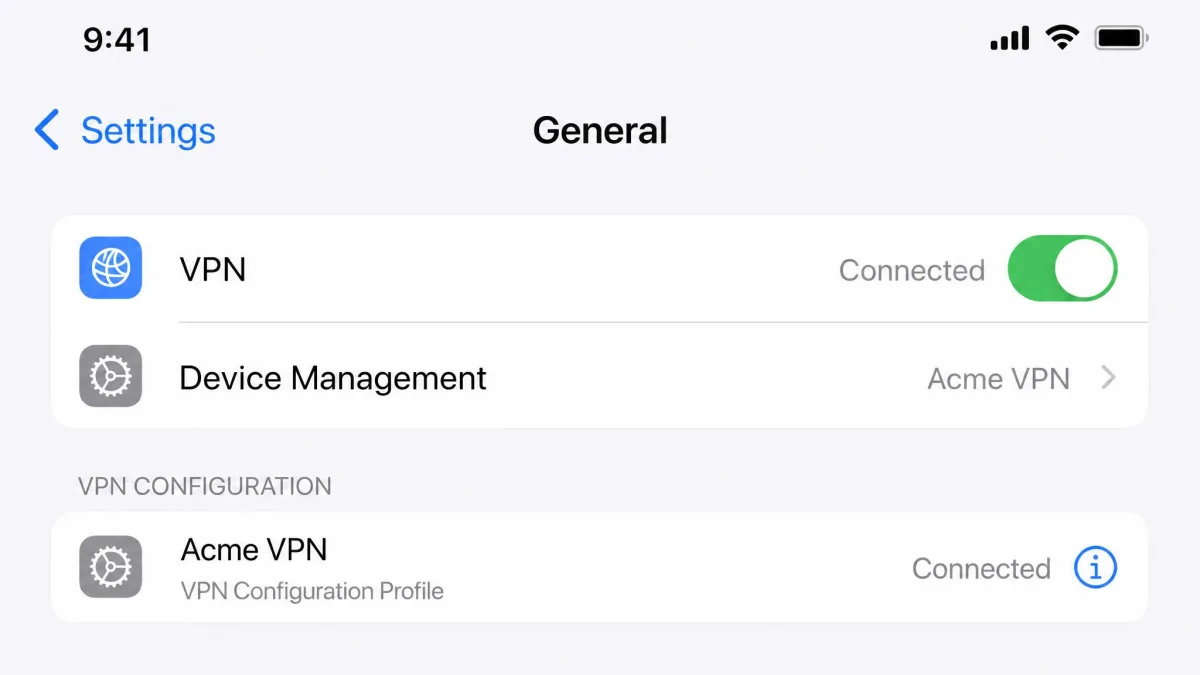 The iOS Settings screen under General showing the VPN and Device Management entry with an installed VPN configuration profile listed and toggled on.
