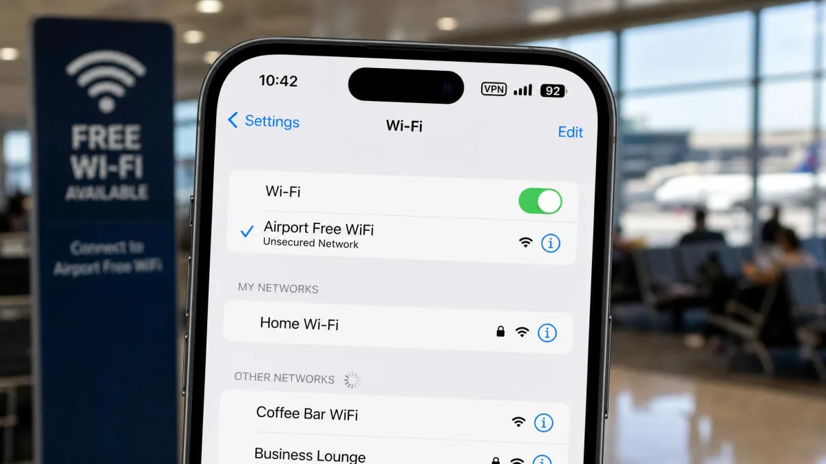 An iPhone connected to an airport public Wi-Fi network with a VPN status icon active in the status bar, illustrating encrypted traffic on an open network.