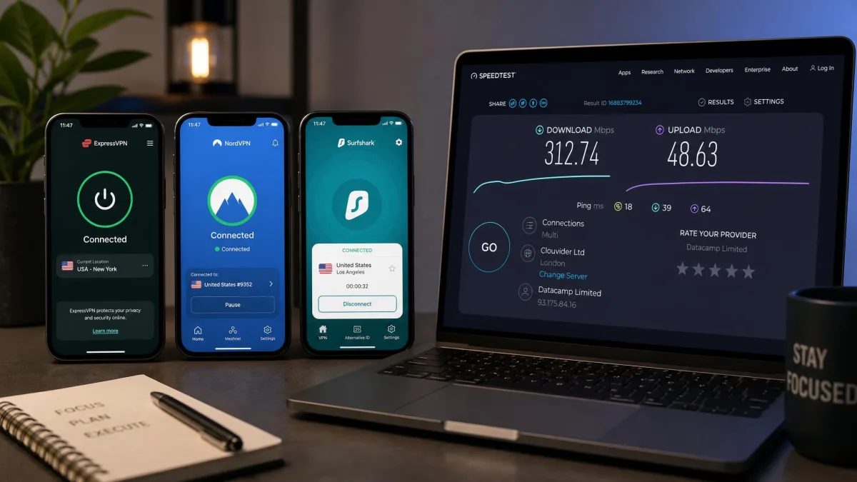 Three iPhones on a desk each running a different VPN app's connected screen, next to a laptop displaying a speed-test dashboard with download and upload figures.