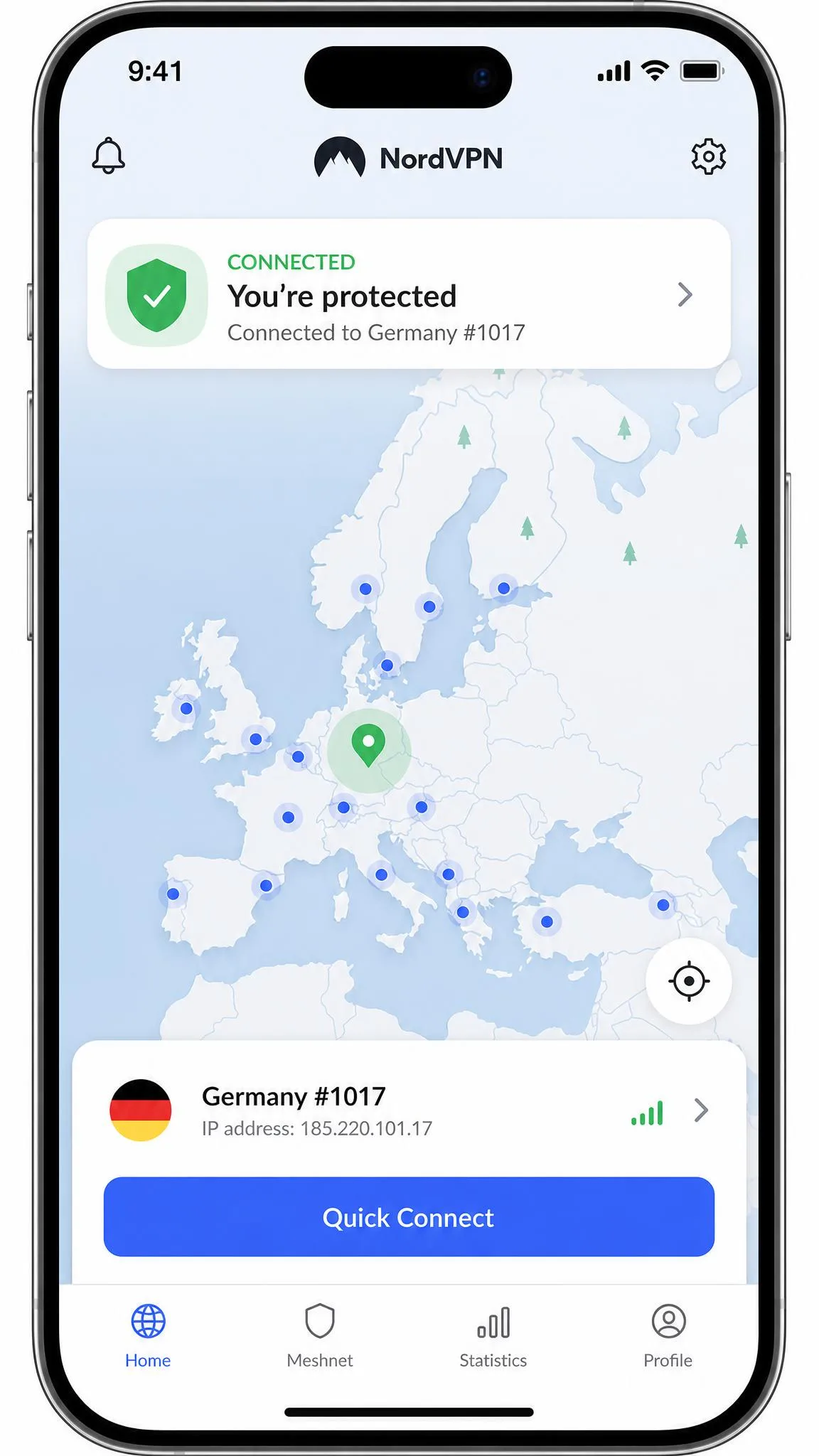 NordVPN's iOS app showing the connected status with a green shield, the interactive country map, and the quick-connect button at the bottom of the screen.