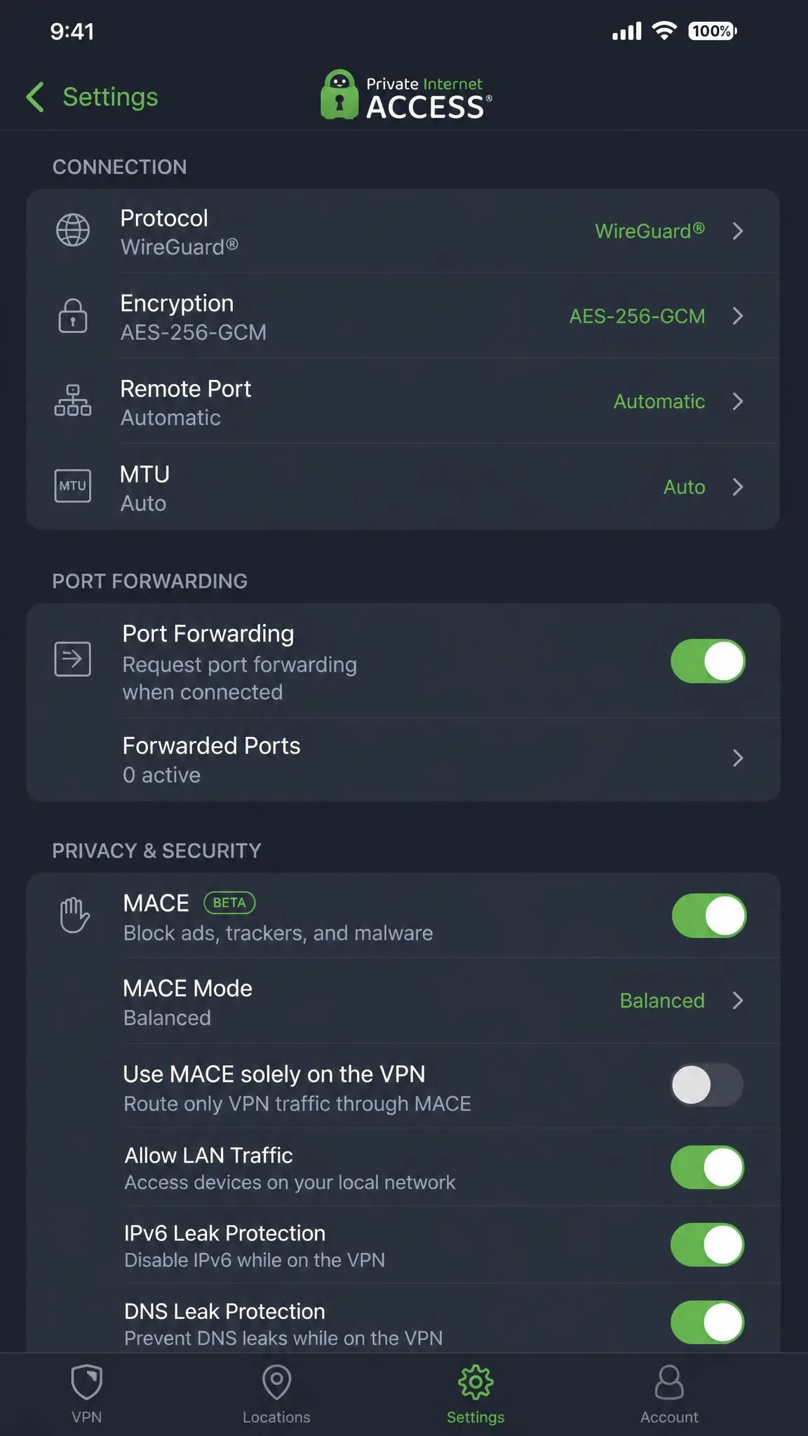 Private Internet Access iOS settings screen showing granular power-user toggles for protocol, encryption, port forwarding, and the MACE ad blocker.
