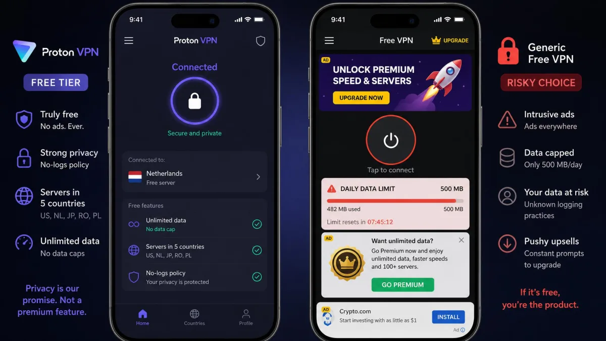Side-by-side iPhone screens contrasting Proton VPN's free tier with a generic risky free VPN app showing intrusive ads and a data-cap warning.