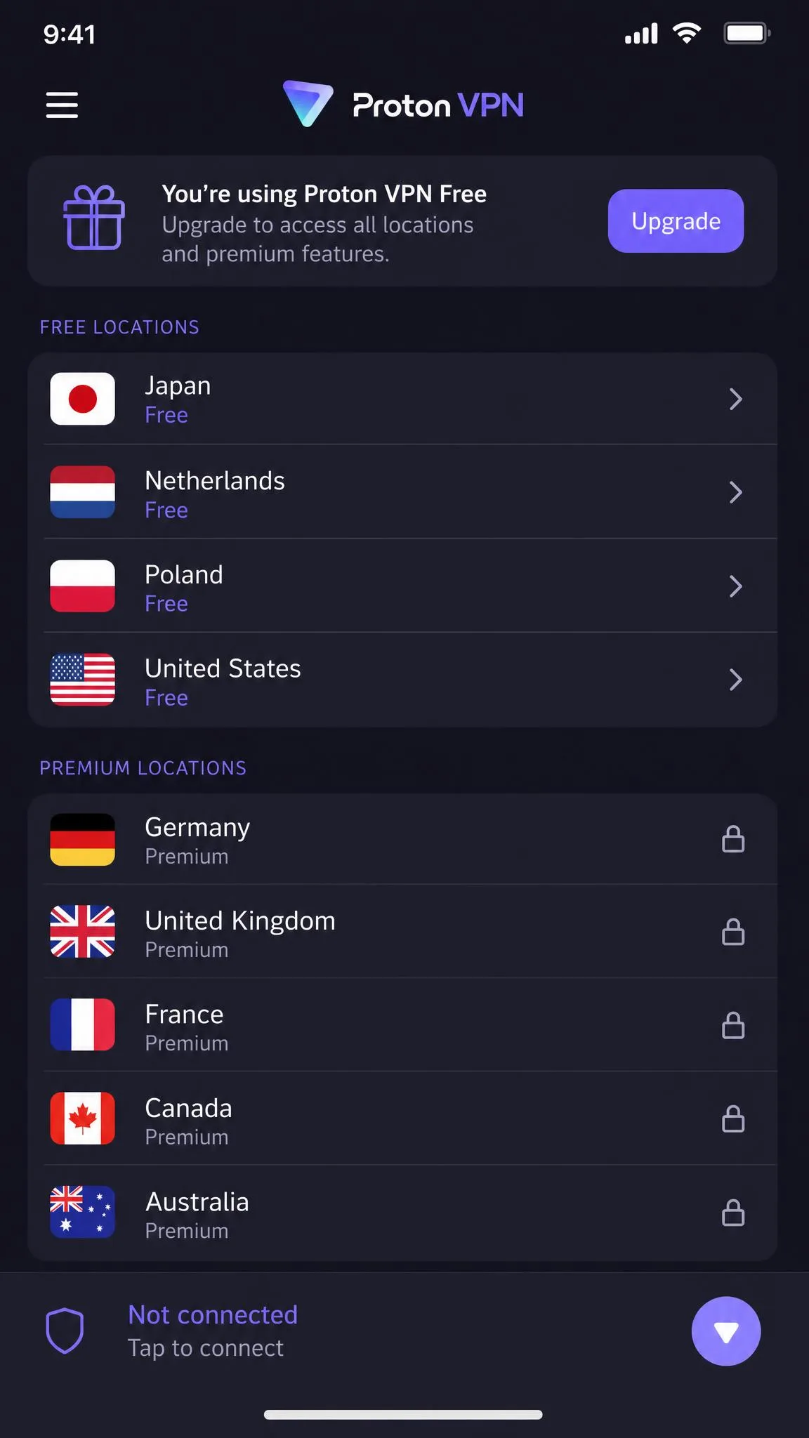 Proton VPN's iOS app showing the free-tier server list with a handful of available free countries highlighted and premium locations marked with a lock icon.