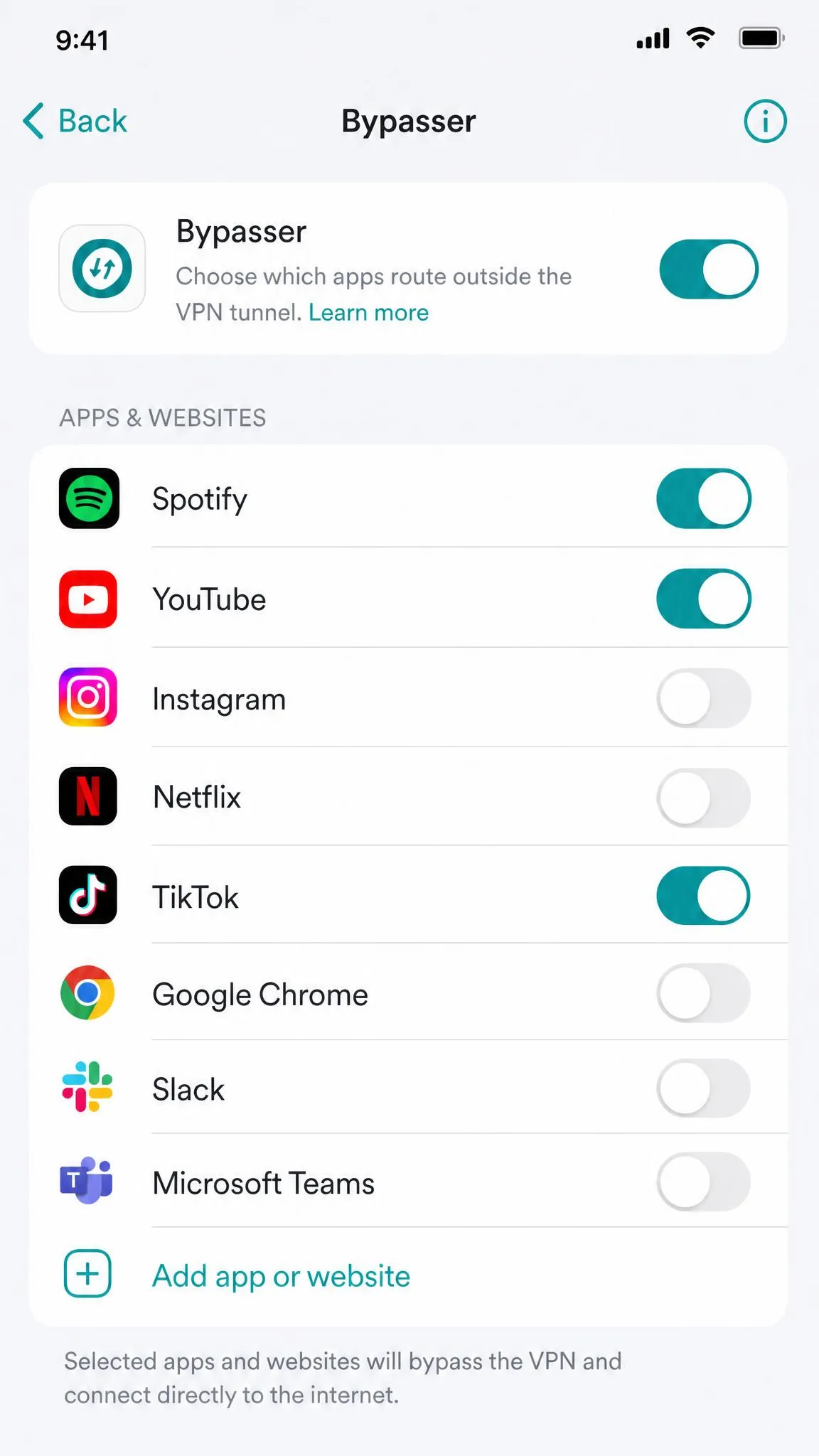 Surfshark's iOS Bypasser screen listing installed apps with toggle switches that choose which apps route outside the VPN tunnel.