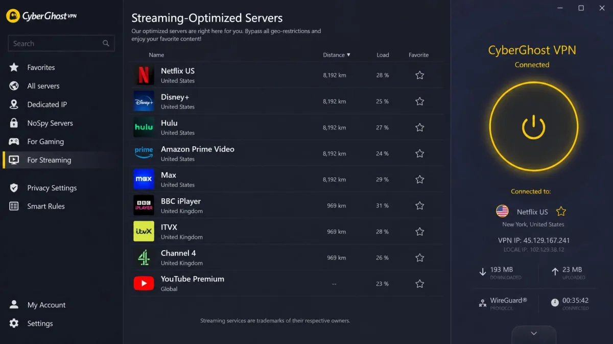 The CyberGhost app showing its list of streaming-optimized servers, each row labeled with a specific streaming platform name to remove guesswork about which server to pick.