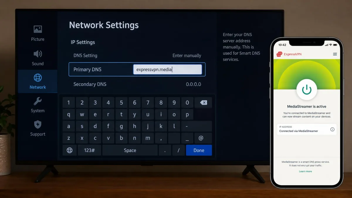 A smart TV network settings screen showing an ExpressVPN MediaStreamer smart DNS address being entered, alongside the ExpressVPN app confirming the feature is active.