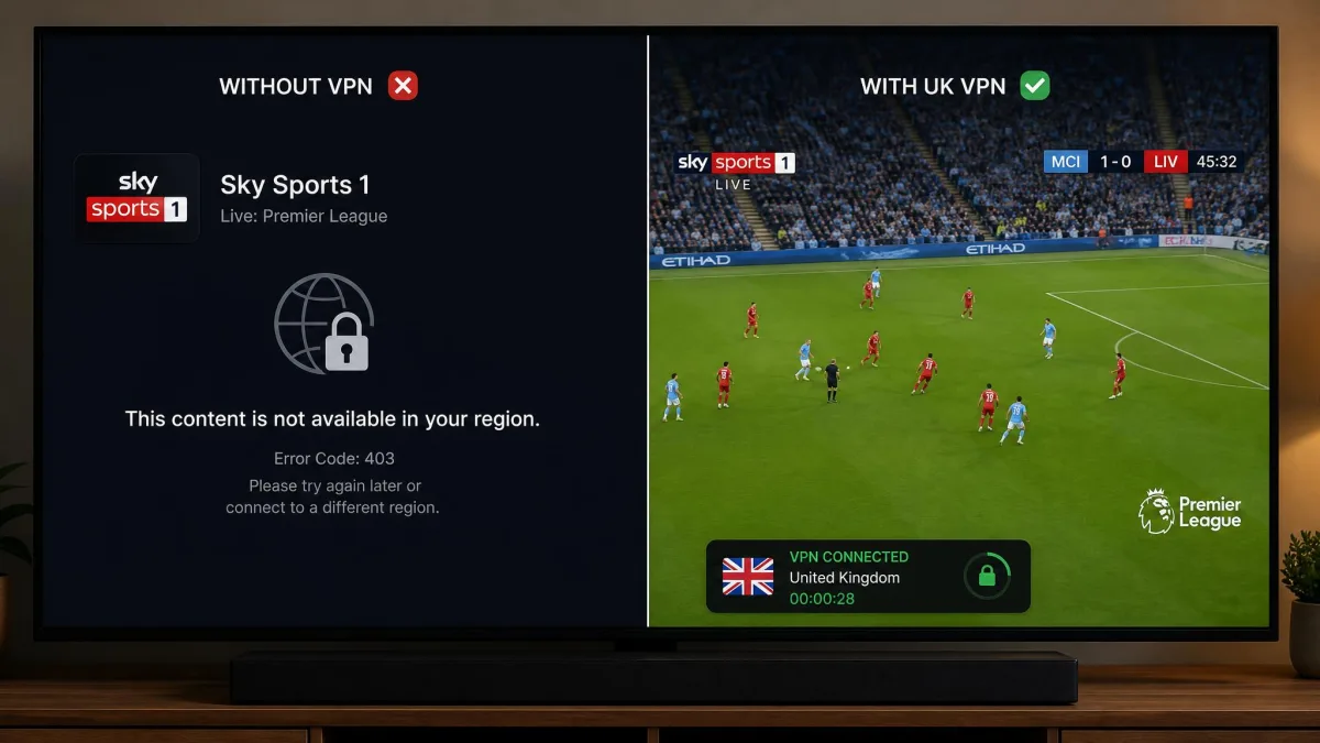 Split-screen on a TV showing an IPTV channel blocked by a region error on the left, and the same channel playing live after connecting to a UK VPN server on the right.