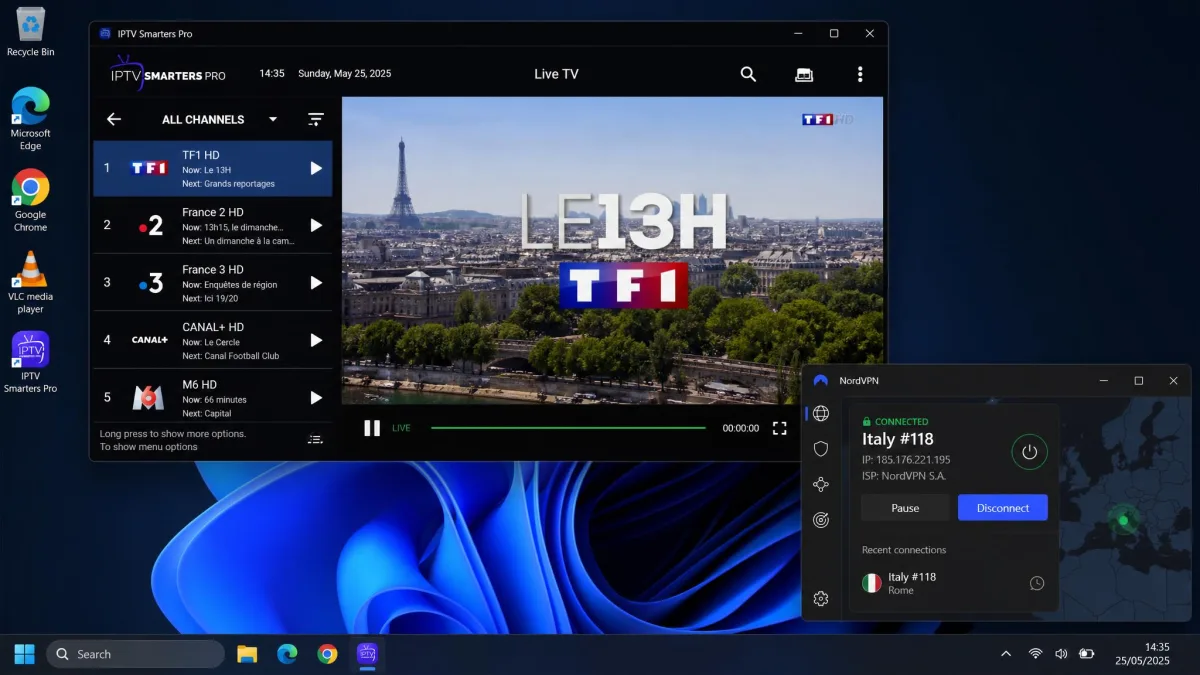 A Windows desktop showing IPTV Smarters Pro playing a live channel in one window while a VPN app in the corner displays a connected status to a European server.