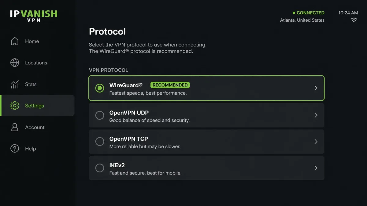 The IPVanish app on a Fire TV Stick showing the protocol selection screen with WireGuard highlighted among the available connection options.