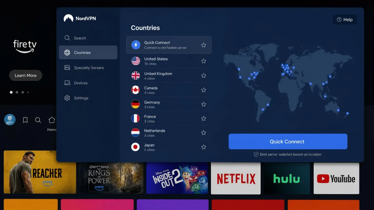 The NordVPN app open on a Fire TV Stick home screen, showing the country server list and a Quick Connect button ready to establish a connection.