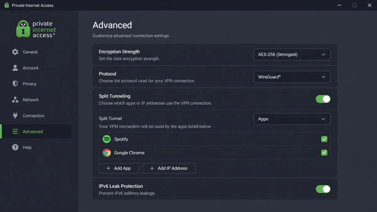 The Private Internet Access desktop app open on its advanced settings panel, showing toggles for encryption strength, protocol, and split tunneling.