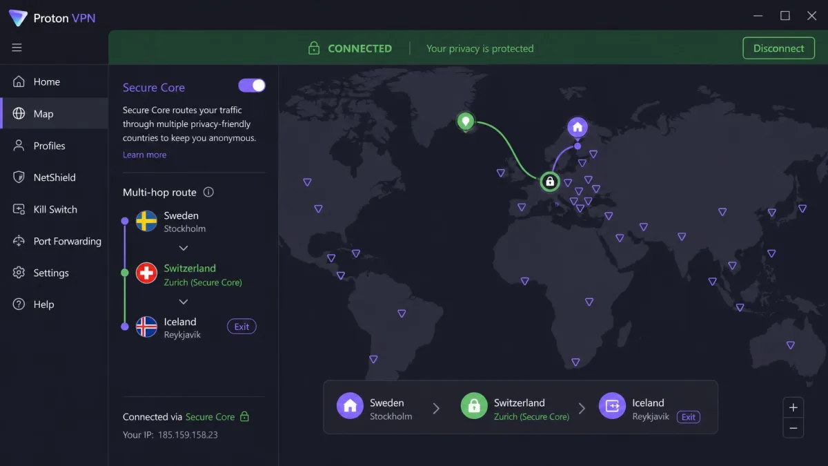 The Proton VPN app showing its Secure Core network map with a multi-hop route running through a privacy-friendly country, and a connected status bar at the top.