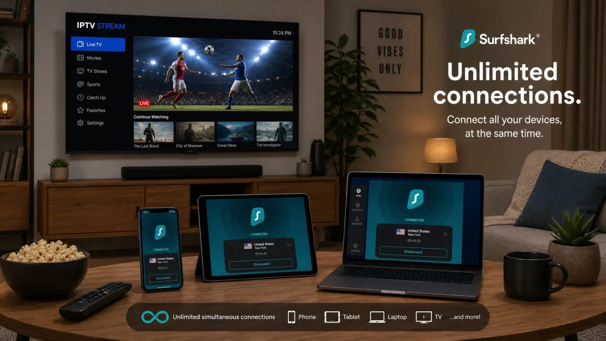 A living room scene with an IPTV stream on the TV and the Surfshark app connected on a phone, tablet, and laptop at the same time, illustrating unlimited simultaneous connections.