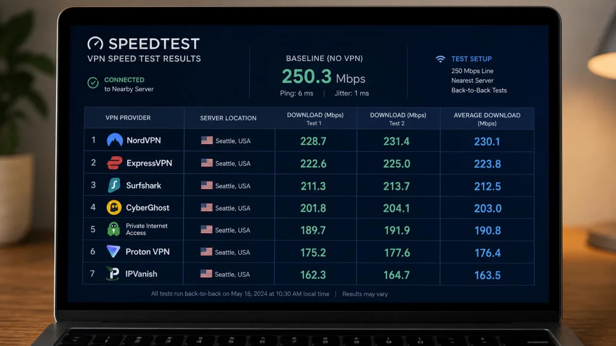 A laptop screen showing back-to-back VPN speed test results on a 250 Mbps line, with download figures listed for seven different VPN providers connected to nearby servers.
