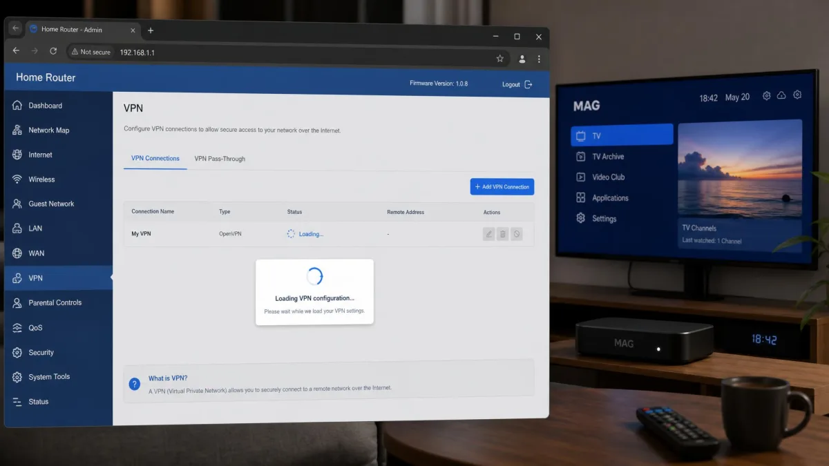 A home router admin page showing a VPN configuration being loaded, with a MAG set-top box and TV connected to the same network in the background.