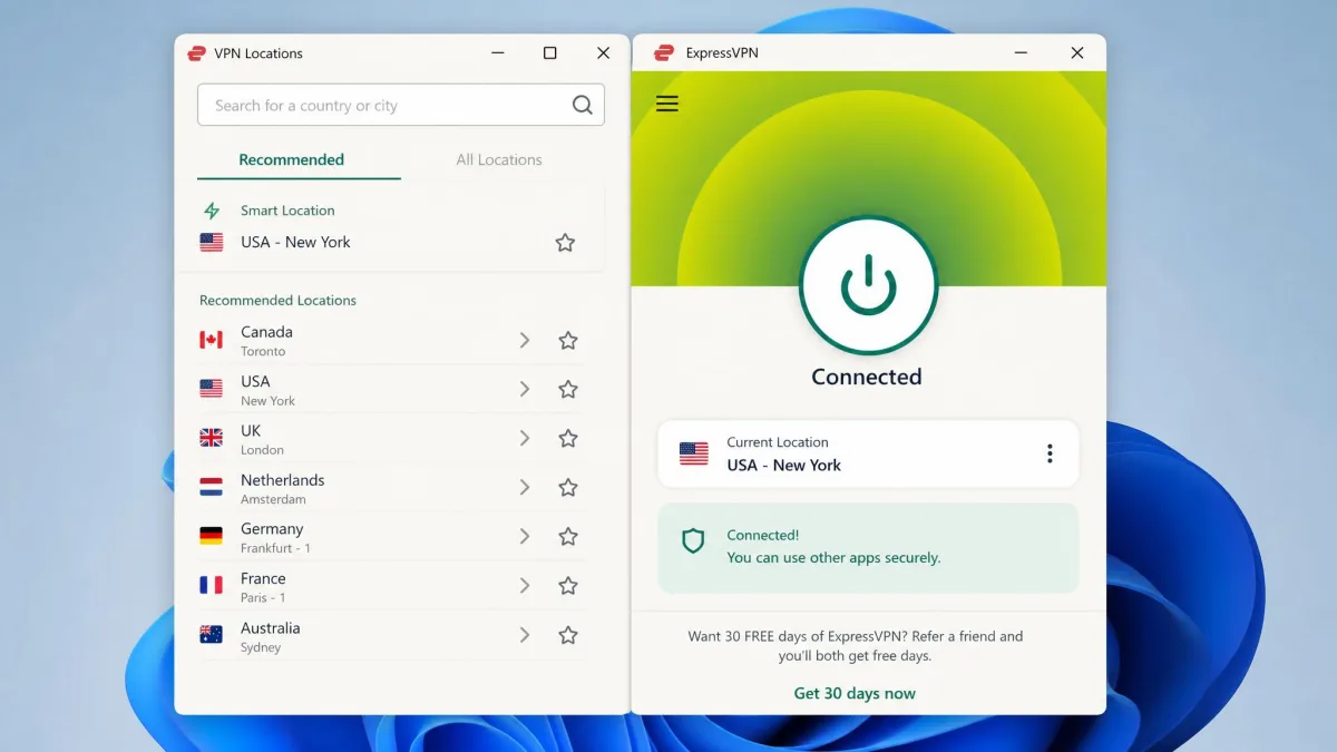 The ExpressVPN desktop app connected to a nearby server, showing the large On button in green and a recommended location list on the left panel.