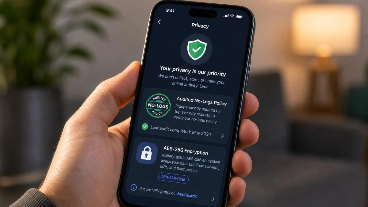 A close-up of a VPN app privacy screen highlighting an audited no-logs policy badge and AES-256 encryption details, on a phone held in one hand.