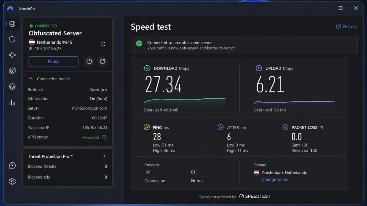 The NordVPN app connected to an obfuscated server with a speed-test result on screen, showing download and upload figures on a modest broadband line.