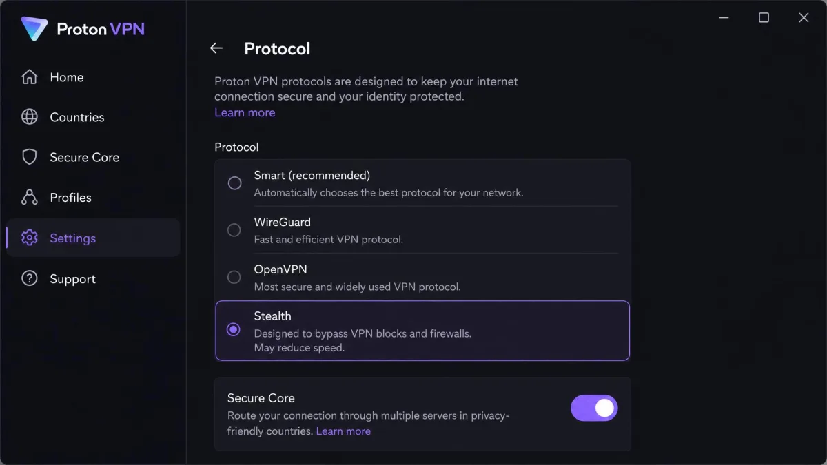 The Proton VPN app protocol settings with the Stealth protocol selected, alongside the Secure Core toggle, on a dark interface.