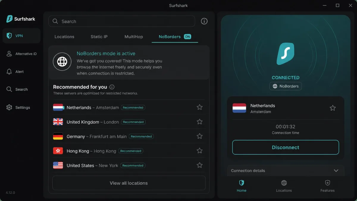 The Surfshark app with NoBorders mode active, showing a list of recommended servers optimised for restricted networks and the Camouflage option in settings.
