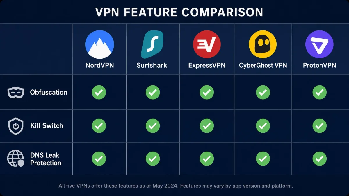 A side-by-side comparison graphic of five VPN app logos with green check marks next to obfuscation, kill switch, and DNS leak protection features.