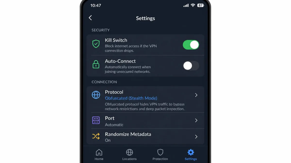 A smartphone VPN app settings screen showing the kill switch toggle switched on and the protocol set to an obfuscated stealth mode.