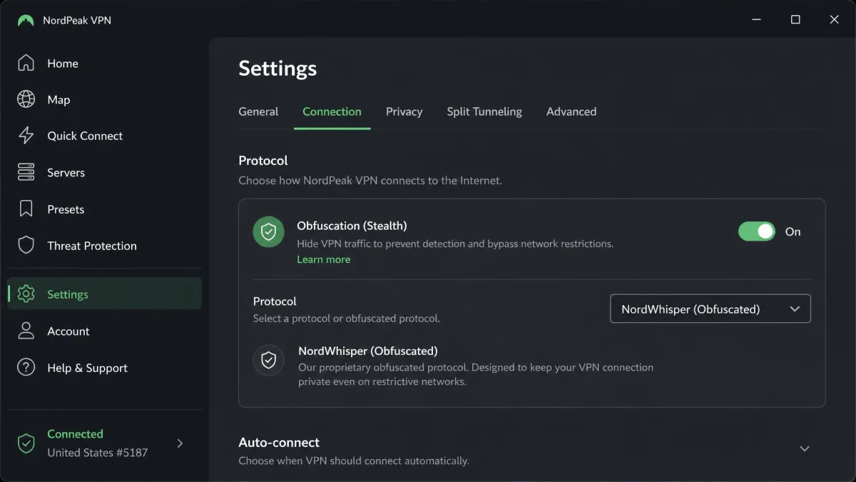 A VPN desktop app settings screen with the obfuscation or stealth protocol toggle switched on, showing the protocol dropdown set to an obfuscated option rather than standard WireGuard.
