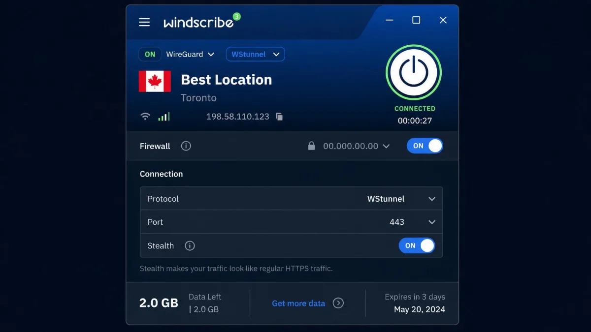 The Windscribe app connected using the WStunnel protocol, with the free tier data allowance and the Stealth option visible in the connection settings.