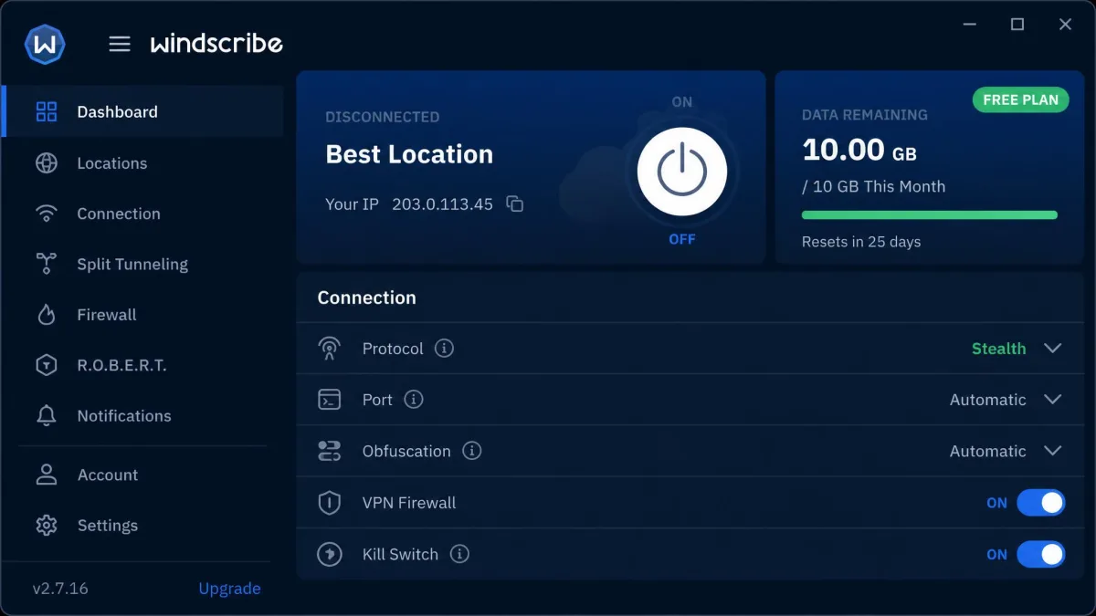 The Windscribe app free tier dashboard showing remaining monthly data of the 10GB allowance and the Stealth protocol selected in the connection settings.