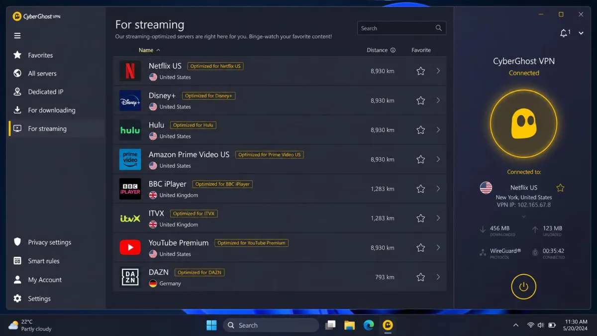 CyberGhost's streaming server list on a Windows laptop showing servers labeled by streaming service name and country, making it clear which one to pick.