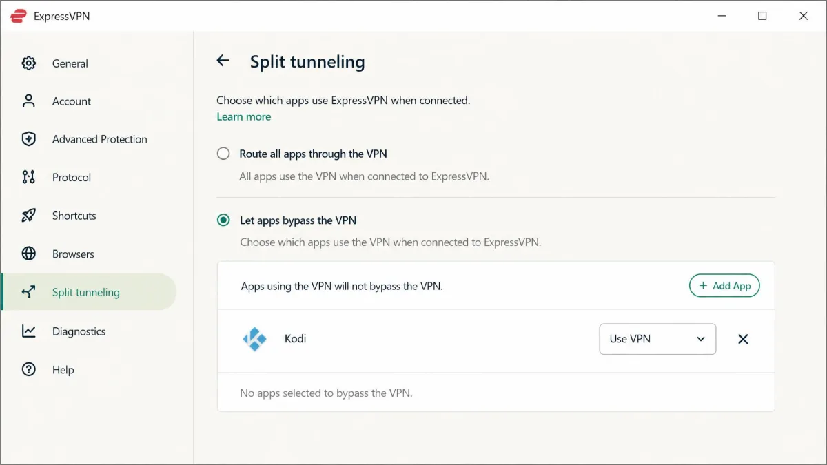 ExpressVPN's split tunneling settings screen on Windows with the Kodi app selected to route through the VPN while other apps bypass the tunnel.