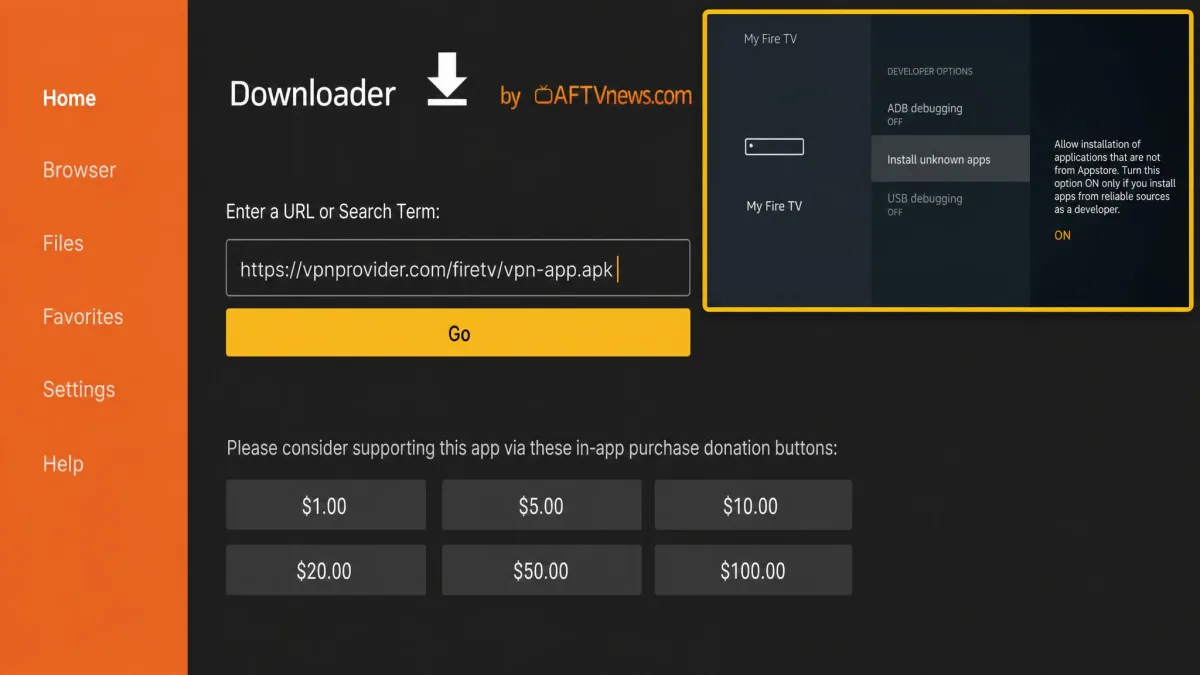 The Downloader app on a Fire TV Stick entering a VPN APK download URL, with the Fire TV unknown-sources setting enabled in a corner inset.