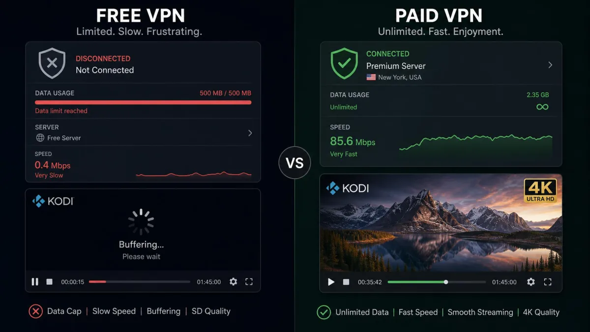 A side-by-side comparison screen showing a free VPN with a data cap and slow speed next to a paid VPN streaming 4K Kodi content smoothly.