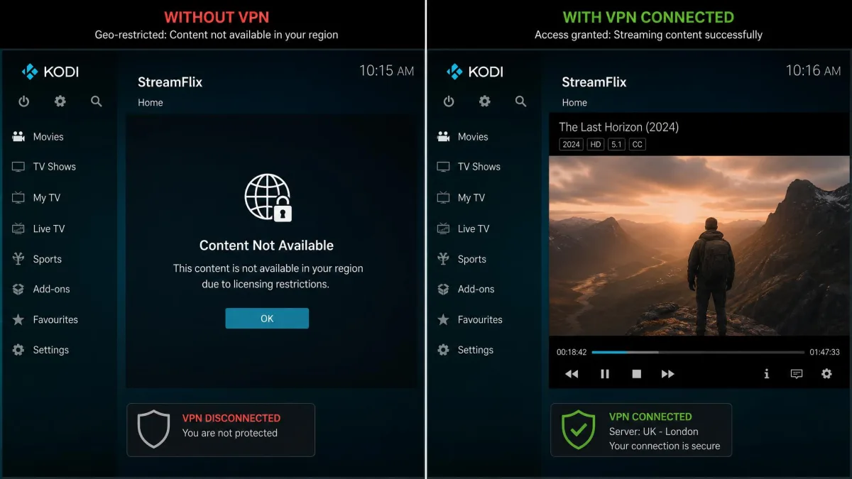 A Kodi streaming add-on showing a geo-restriction error on the left and the same add-on playing content after connecting to a VPN server on the right.