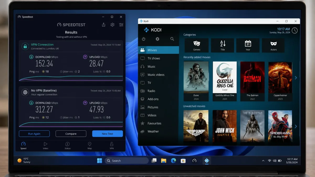 A speed-test dashboard on a Windows laptop showing download and upload results for a VPN connection next to a baseline non-VPN result, with the Kodi interface open in a second window.
