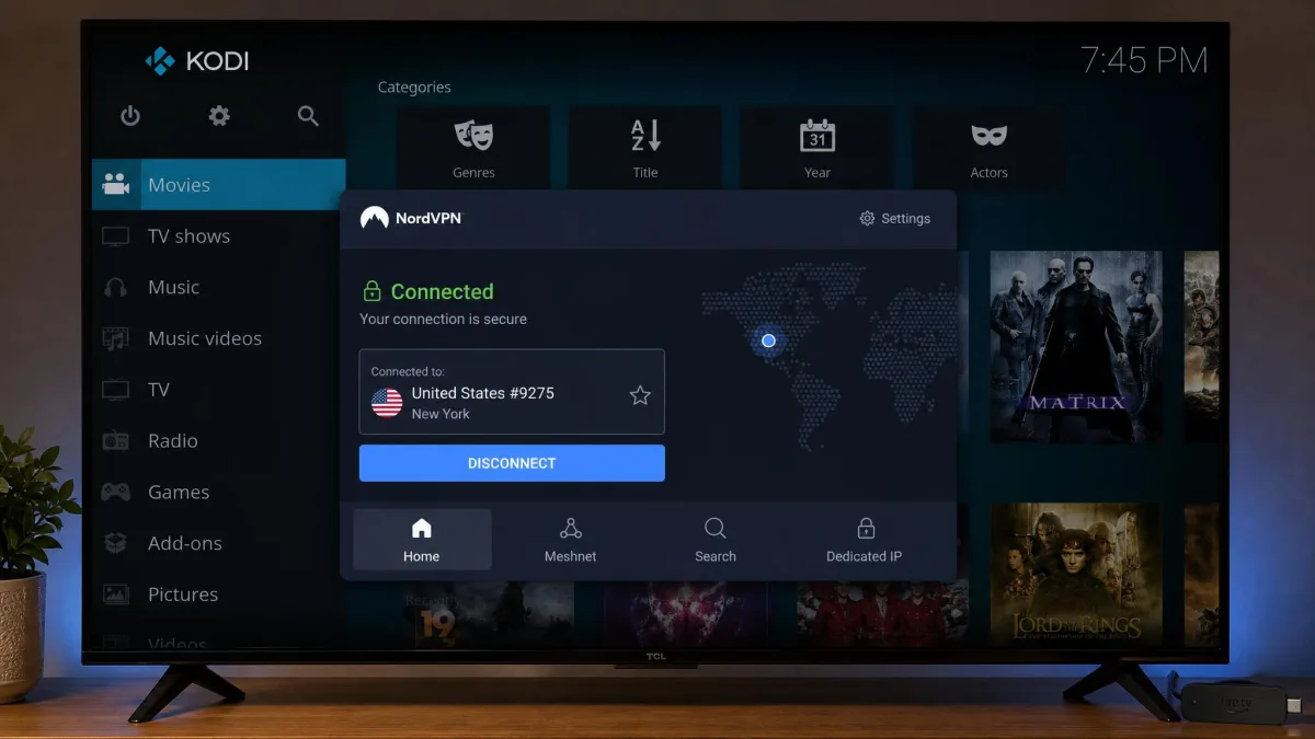 The NordVPN Android TV app on a Fire TV Stick showing a connected server in the United States, with the Kodi home screen visible behind it on the TV.