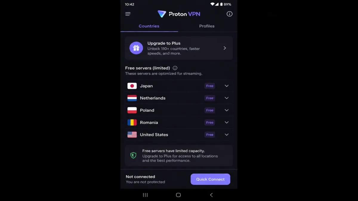 Proton VPN's free-tier server selection screen on an Android phone showing the limited set of free country servers available for streaming.