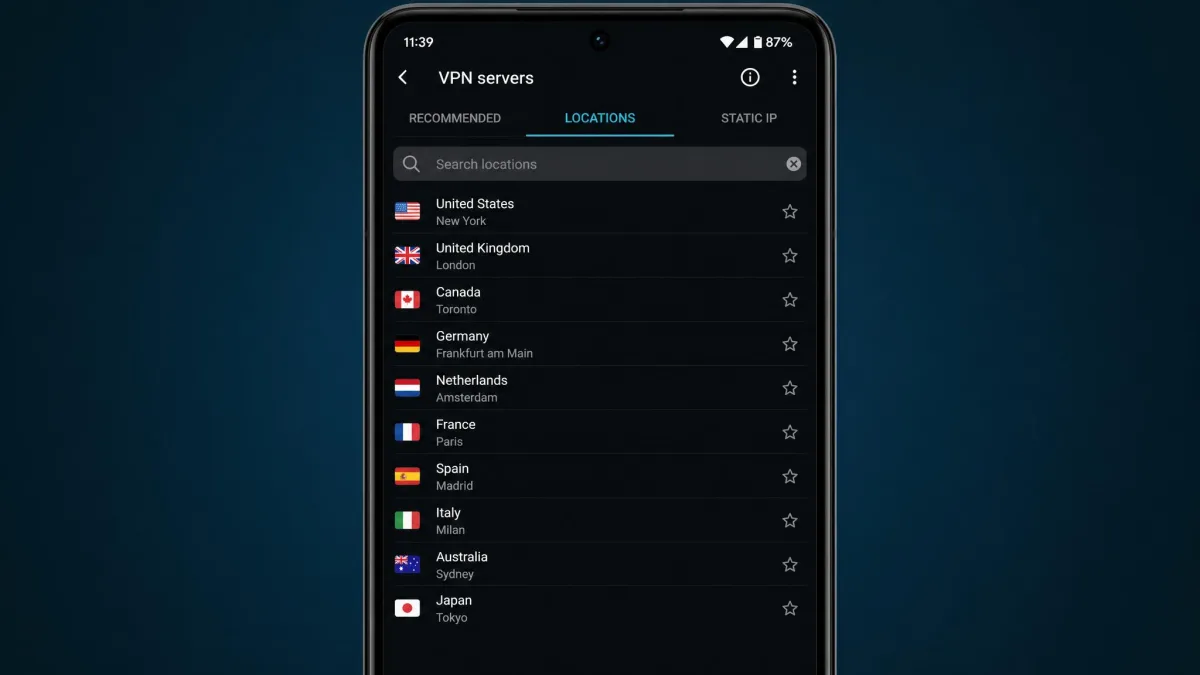 The Surfshark app server list on an Android phone with the search box showing several country servers, used to find one that connects to a Kodi streaming add-on.