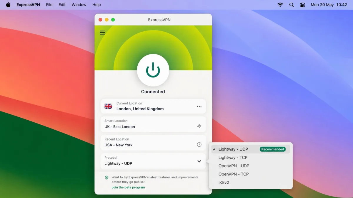 ExpressVPN's Mac app showing a single large connect button, a connected London server, and the protocol menu open with Lightway selected.