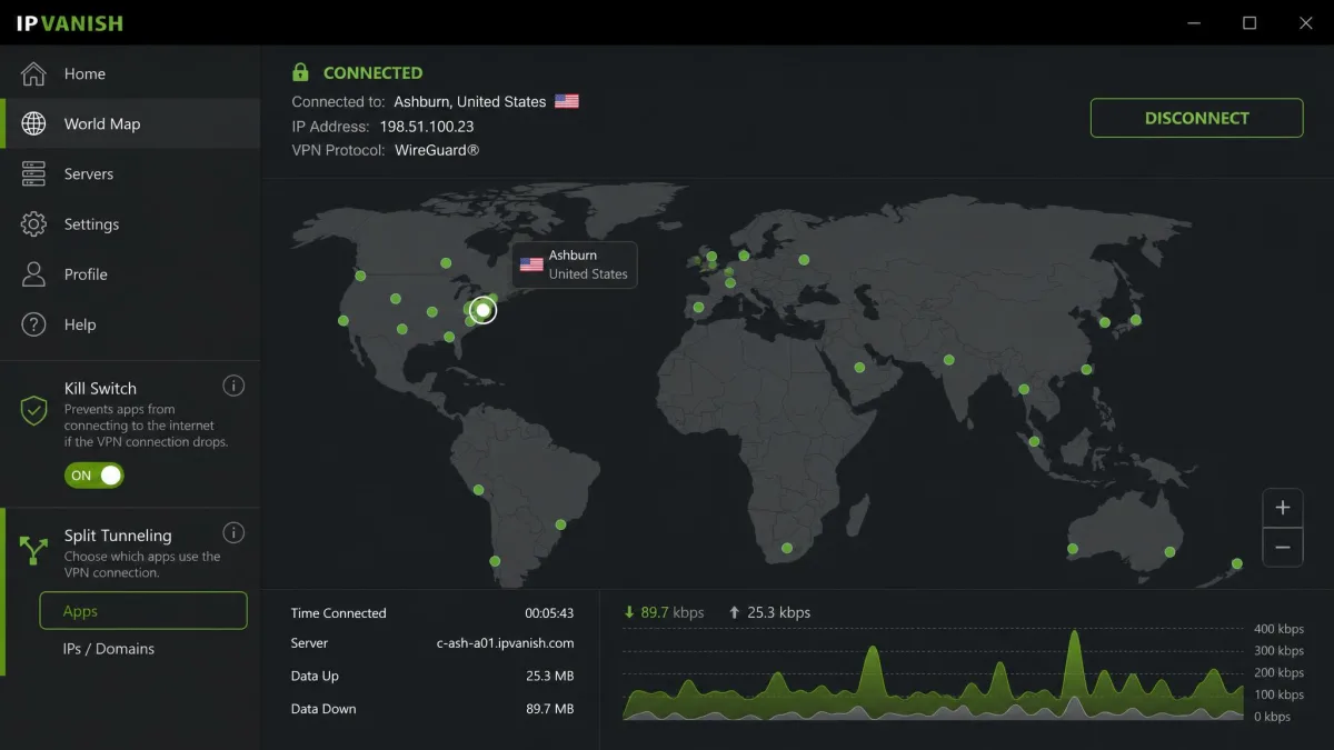 IPVanish's Windows app showing its world server map with a connected US server, the kill switch enabled, and the split-tunneling menu visible in the sidebar.