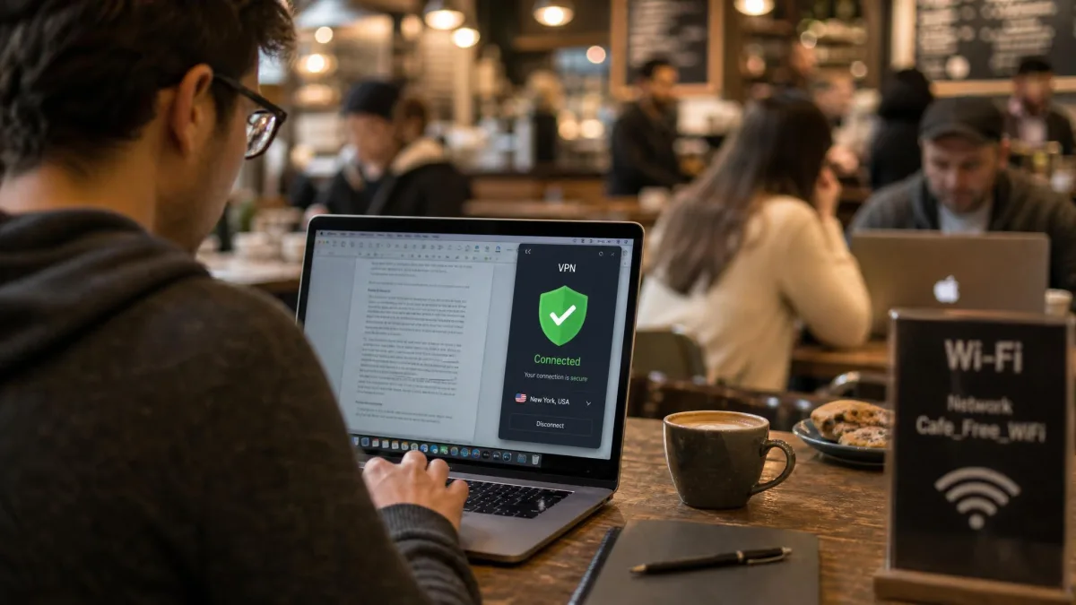 A person using a laptop at a busy cafe table with a VPN app's connected status shield visible in the corner of the screen, other patrons and an open Wi-Fi network name blurred in the background.