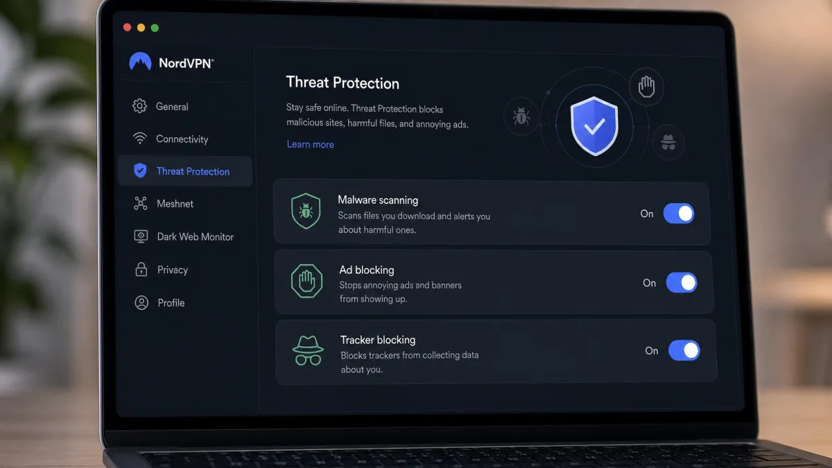 A close-up of NordVPN's Threat Protection settings panel on a laptop, with toggles for malware scanning, ad blocking, and tracker blocking switched on.