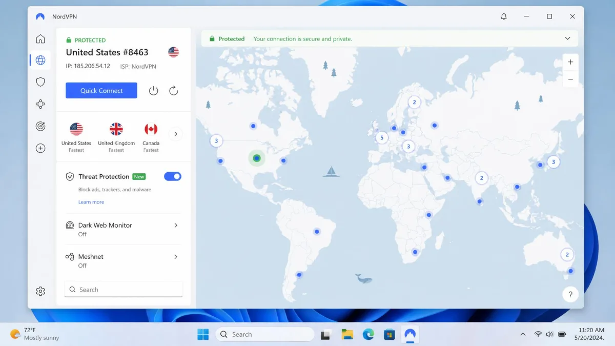 NordVPN's Windows 11 app showing the Quick Connect button and interactive server map, with a green "Protected" status bar at the top and the Threat Protection toggle visible in the sidebar.