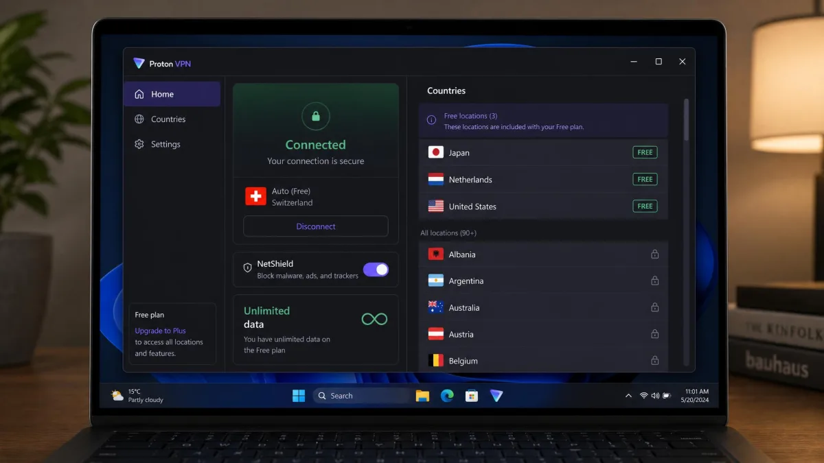 Proton VPN's Windows app on a laptop showing the free-plan interface connected to an auto-selected server, with the unlimited-data indicator and a country list where free locations are highlighted.