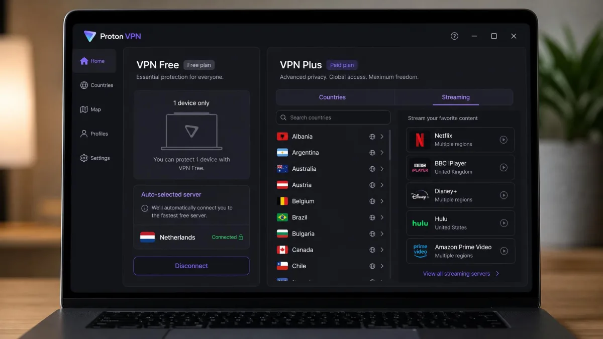 A side-by-side view on a laptop of Proton VPN's free plan limited to one device and auto-selected server next to the paid VPN Plus plan showing a full country list and streaming servers.