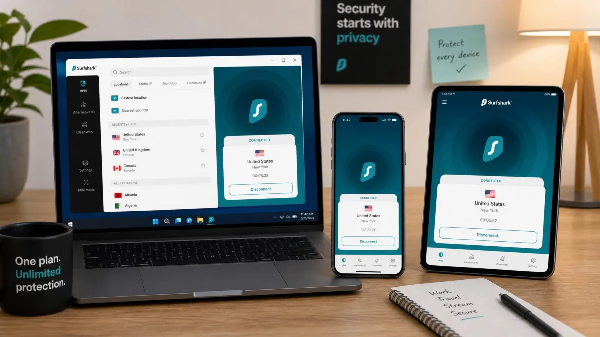 Surfshark's Windows app open on a laptop next to a phone and tablet on a desk, each screen showing a connected VPN status, illustrating one plan protecting several devices at once.