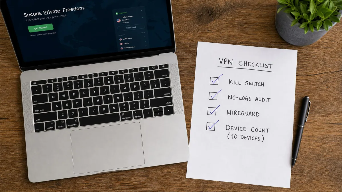 An overhead shot of a laptop beside a paper checklist with items like kill switch, no-logs audit, WireGuard, and device count ticked off in pen.